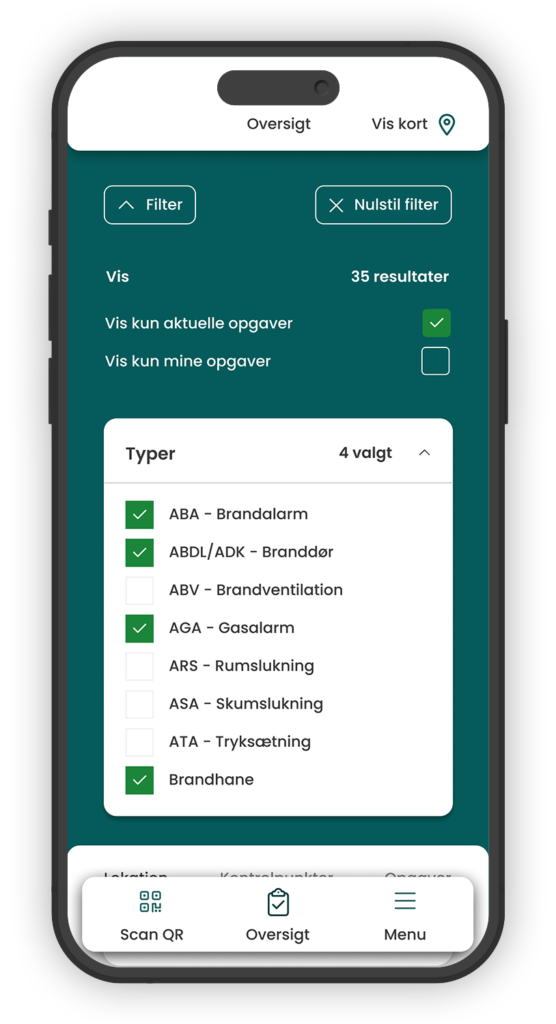 NemDKV-appens oversigt med filter til aktuelle opgaver og kontroltyper