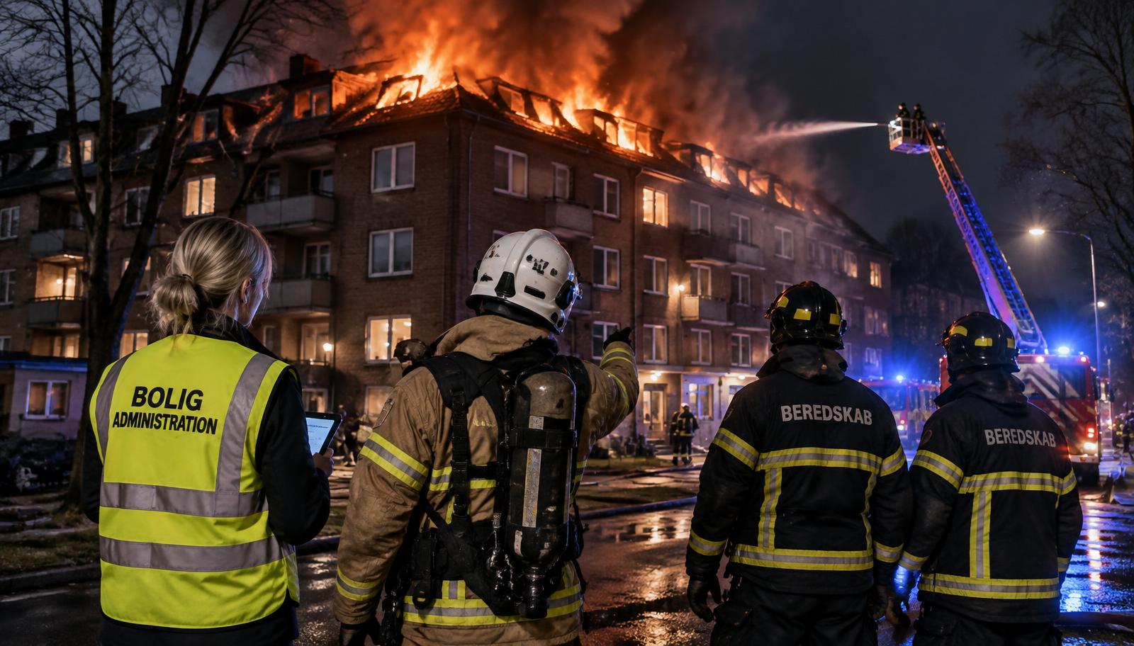 Fotoagtig illustration af brandfolk og boligadministration ved en brand i et boligbyggeri om natten