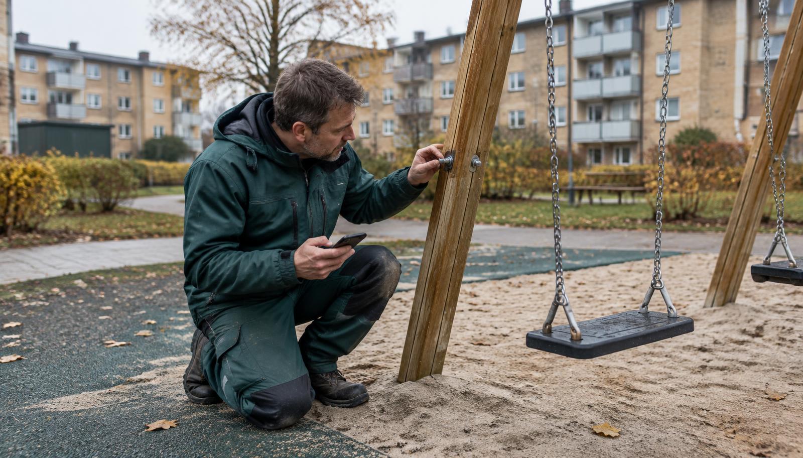 Driftsmedarbejder kontrollerer bolte på et gyngestativ og registrerer det på mobilen