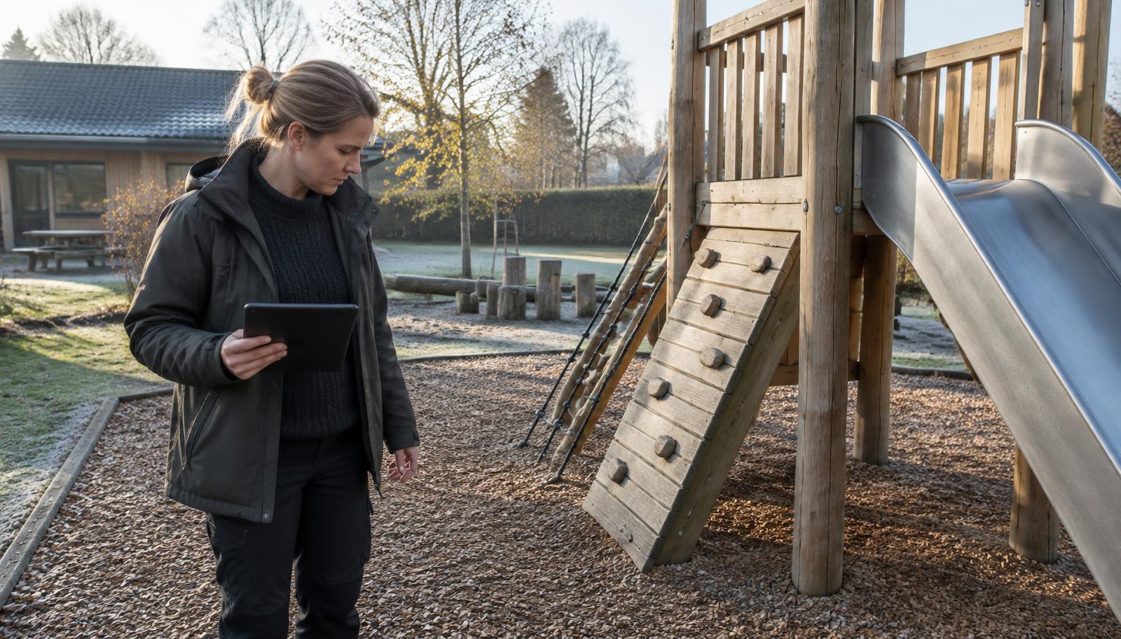 Medarbejder udfører visuel inspektion af klatrestativ og faldunderlag med tablet