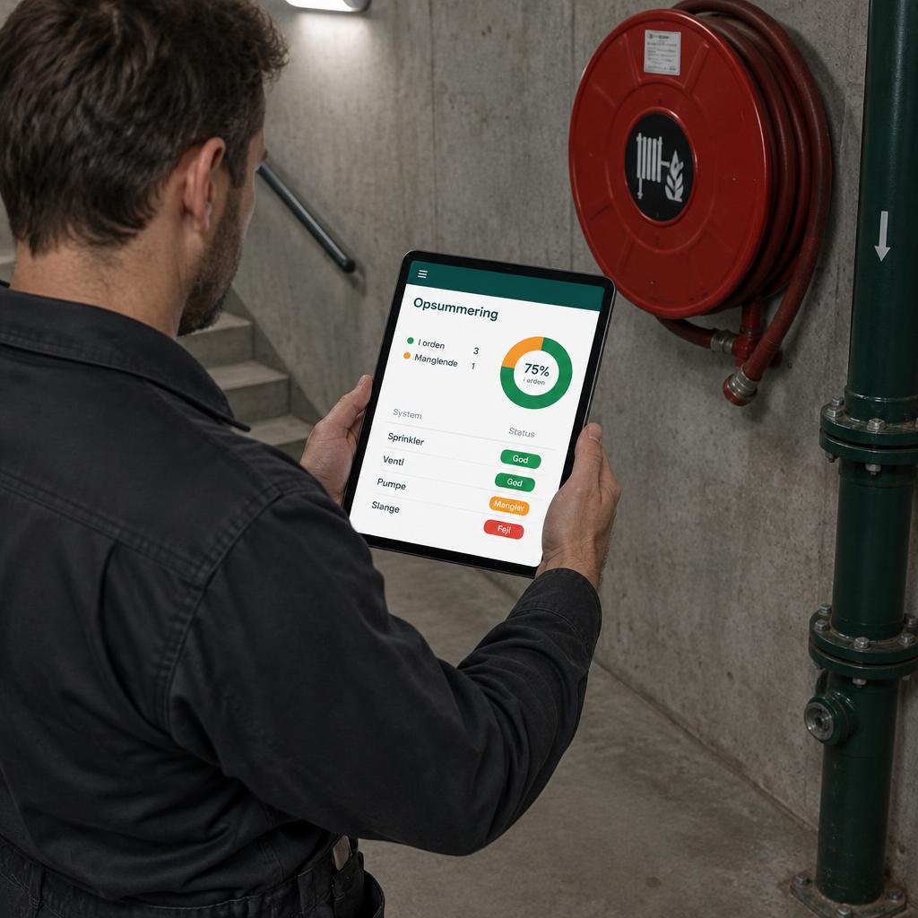 Brandrådgiver gennemgår med en tablet de tekniske installationer i en bygnings tekniske rum