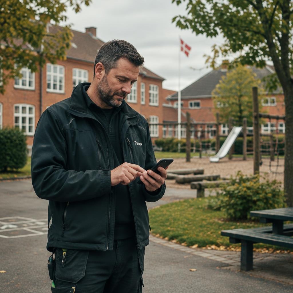 Pedel tjekker opgaver på mobilen i skolegården med legeplads og skolebygninger i baggrunden
