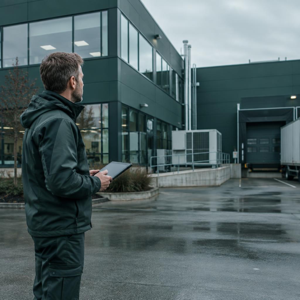 Driftsmedarbejder med tablet foran en erhvervsejendom